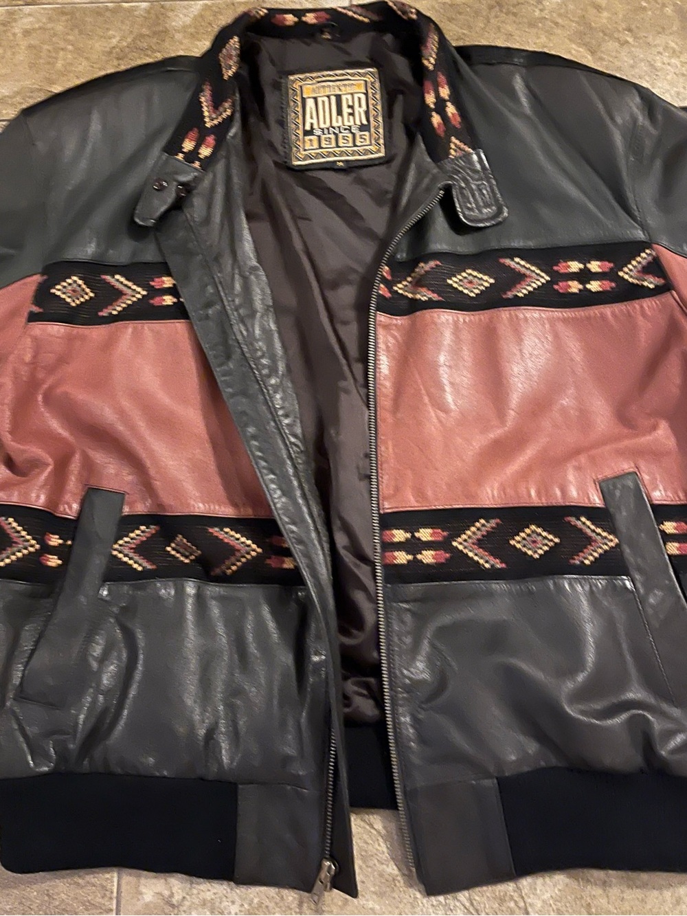 Leather Colorblock Bomber Jacket in Black and Brown